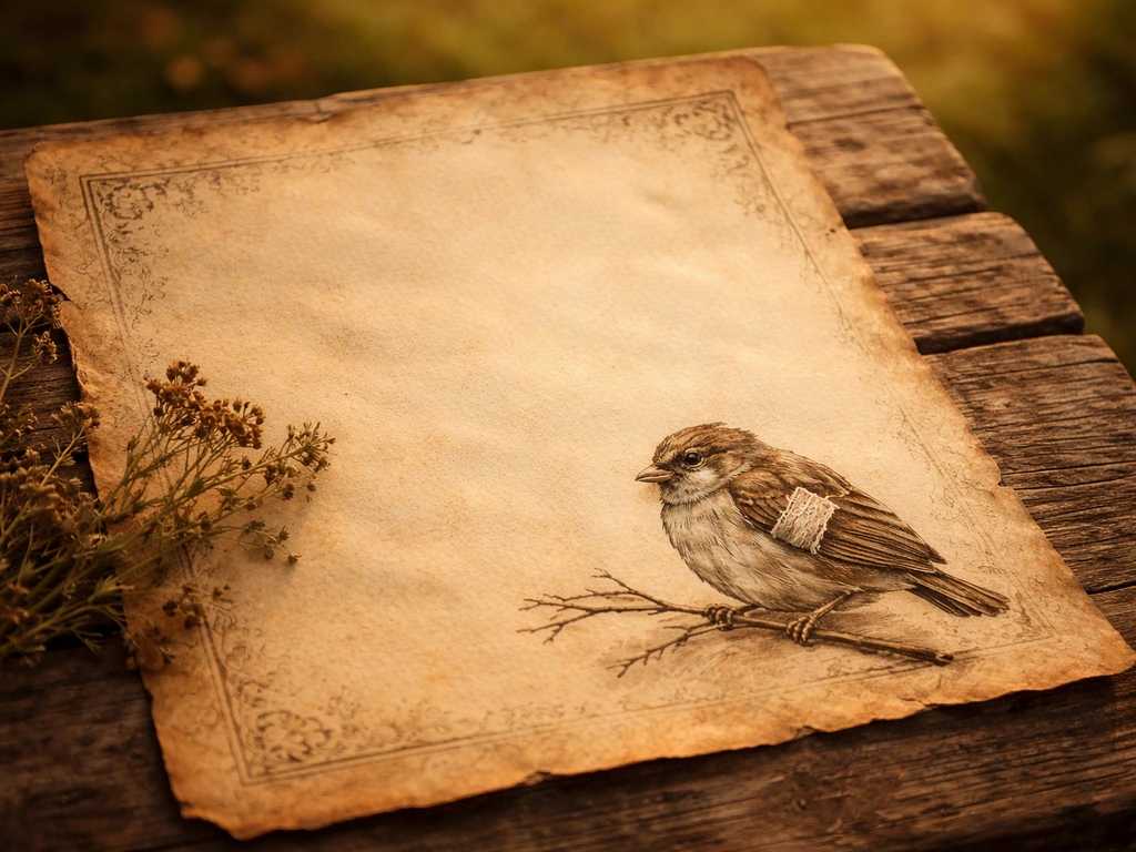 Old parchment with a simple illustration of an injured bird resting under a tree branch