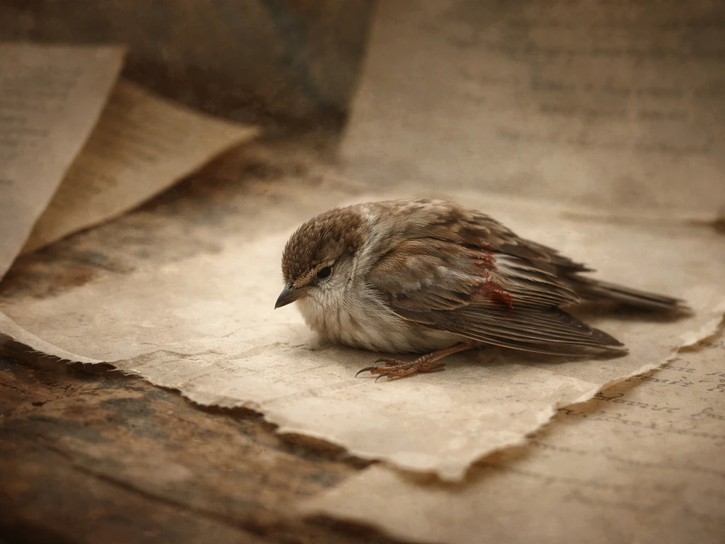Collage of blurred book pages and art textures with a small injured bird motif in muted tones