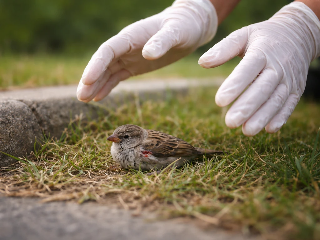 Close-up of a small injured bird on the ground near a person’s gloved hands, safety-first help scene.