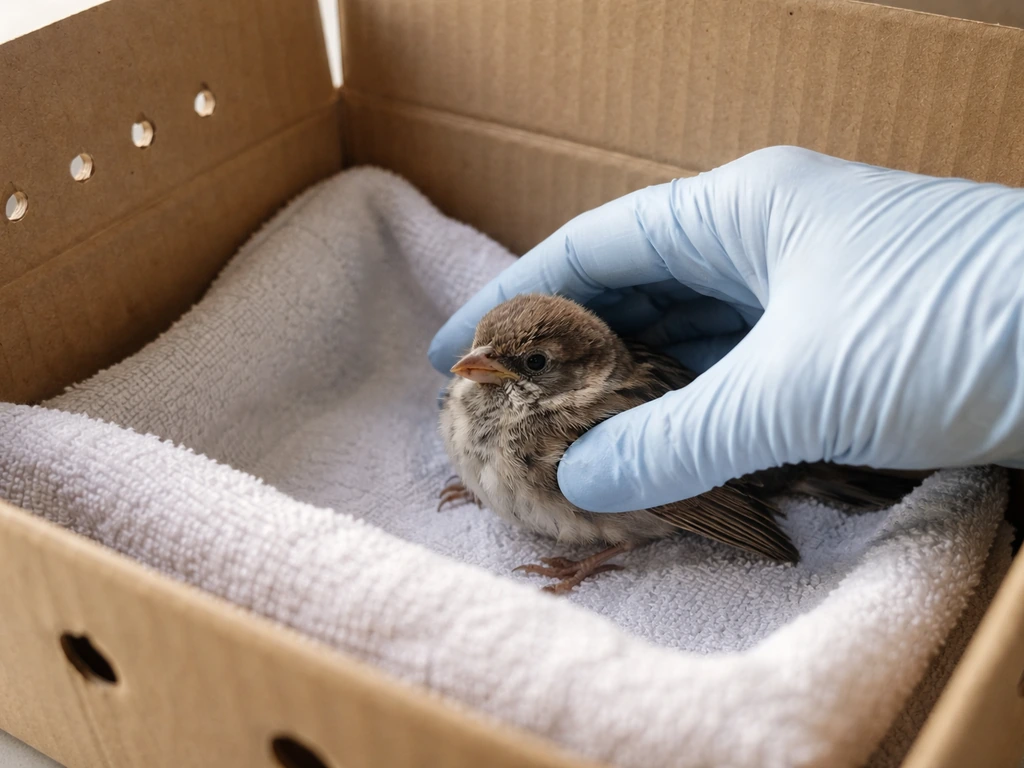 Gloved hand gently placing a small wild bird into a ventilated towel-lined box for safe containment.