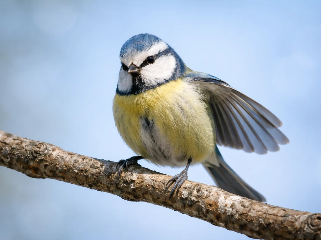 Close-up of a perched bird with clearly visible feathers and outstretched wings against a soft sky background.