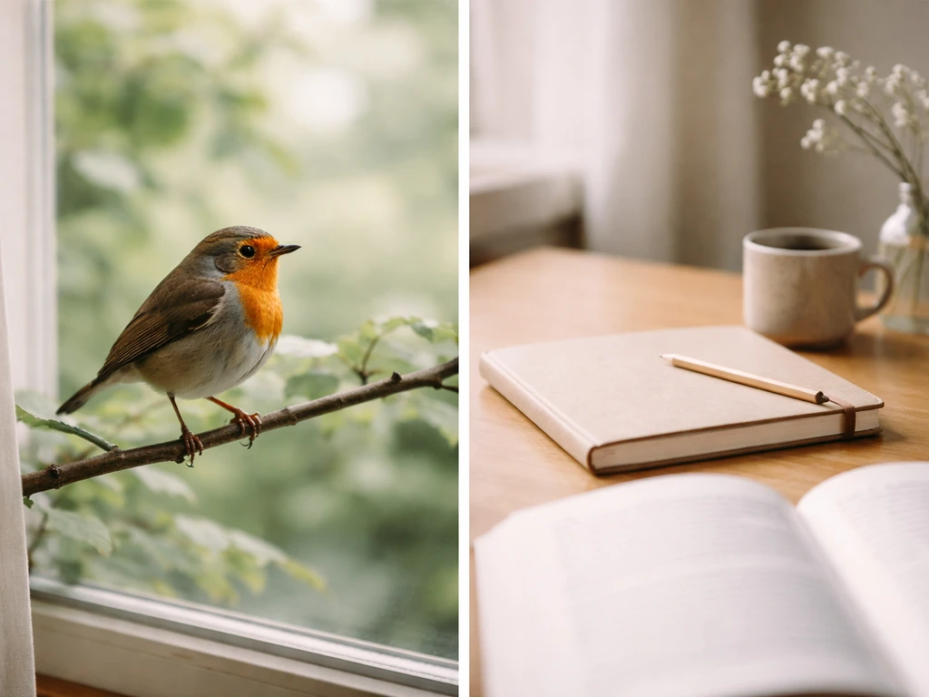 A small bird perched outdoors beside a desk with a closed notebook, symbolizing literal vs figurative “bird.”