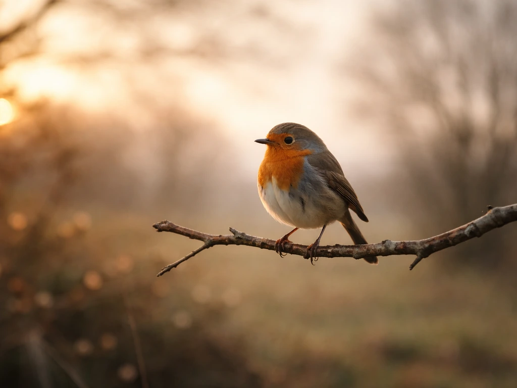 A small bird perched on a thin, weathered branch in soft golden light, symbolizing resilience.