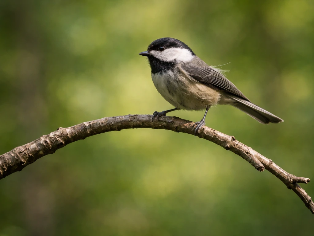 A small bird pauses on a branch that visibly sags under its weight.