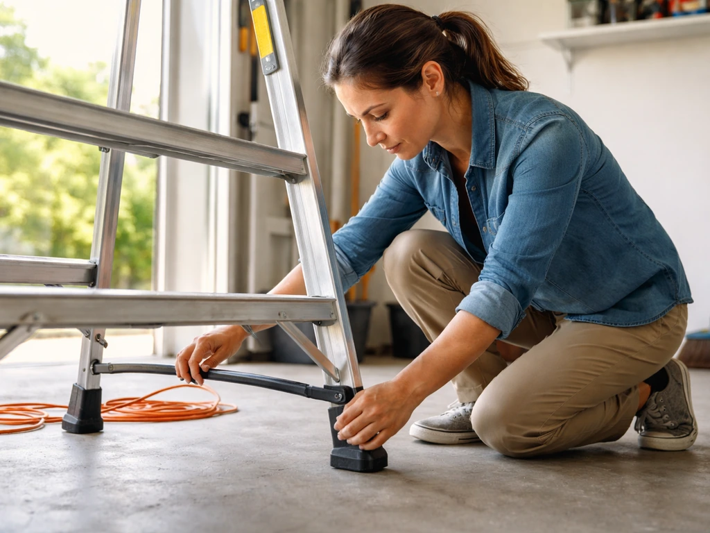 Person quietly sets up a sturdy ladder and checks it safely before climbing at home