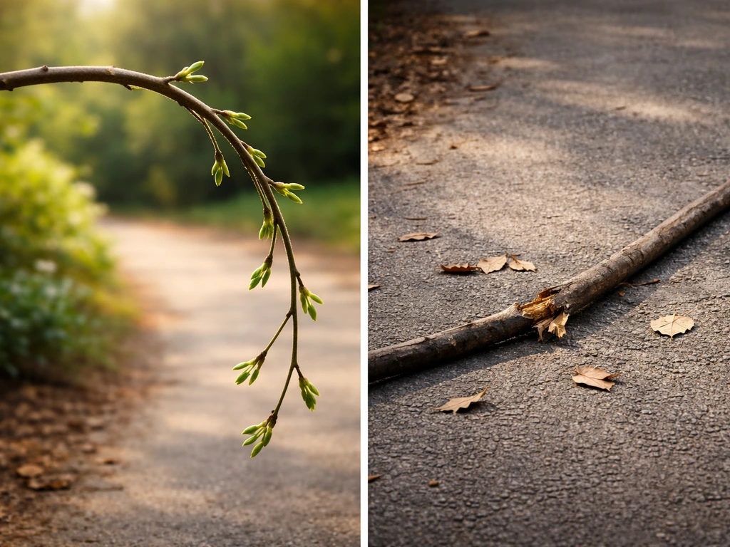 Split-screen: flexible branch with new buds vs snapped branch on pavement, symbolizing fit vs misfit.