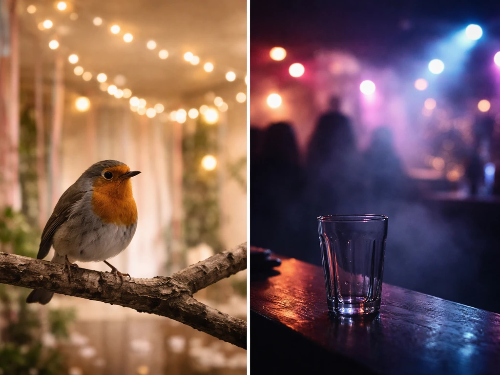 Split scene: literal bird at a small party backdrop and a dim nightlife party scene implying slang.
