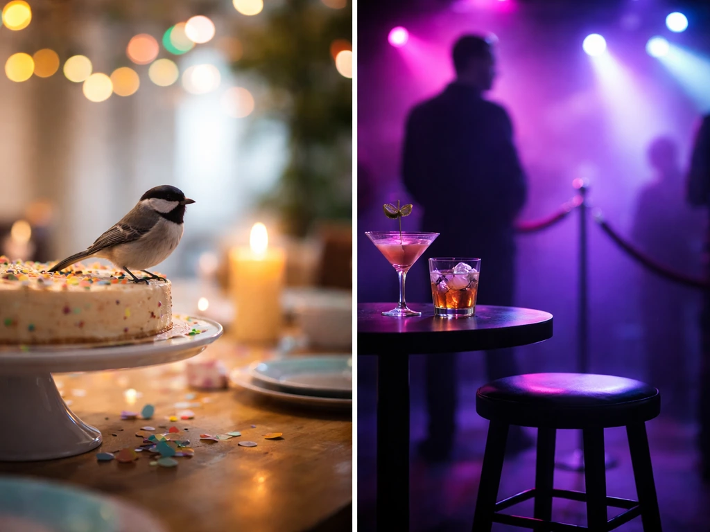 Split-scene photo: literal party bird on a table vs nightlife vibe with bouncer silhouette and club lights.