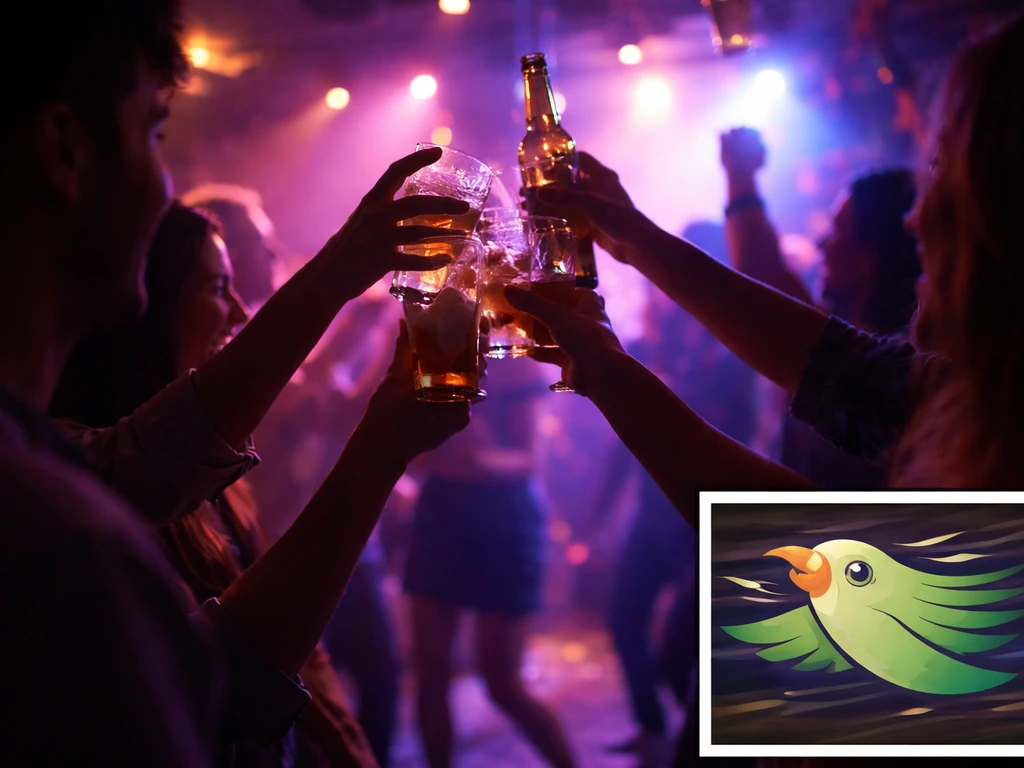 Nightlife scene with friends enjoying a party, beside a symbolic bird-themed meme-style frame