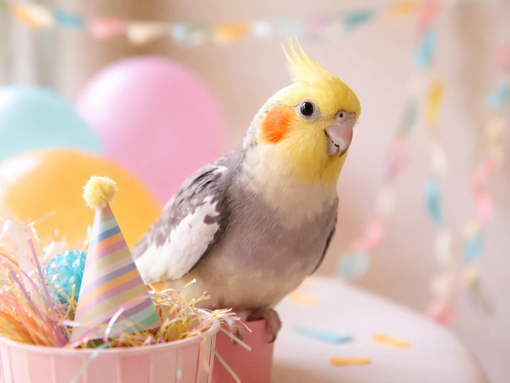 Cockatiel perched near pastel party decorations with balloons and streamers blurred in the background.