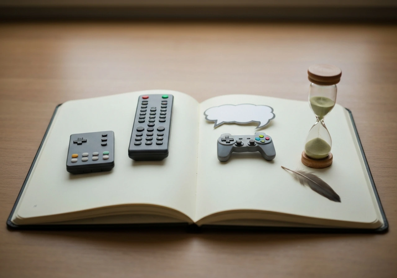 Tabletop scene with TV remote, game controller, blank comic bubble, feather, and hourglass on an open notebook.