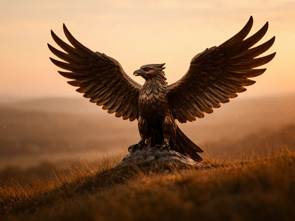 Bronze Turul-like bird statue on a hill at golden hour, dramatic mythic protective pose.