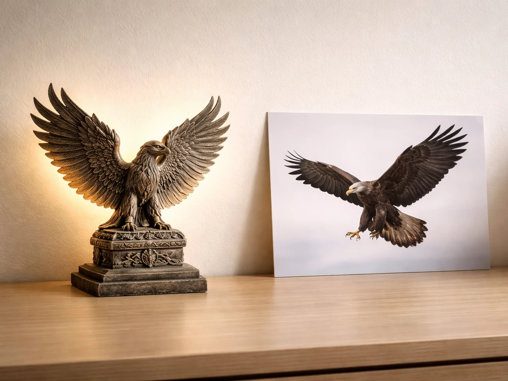 Mythic winged Turul relief beside a realistic eagle or hawk silhouette to show the difference.