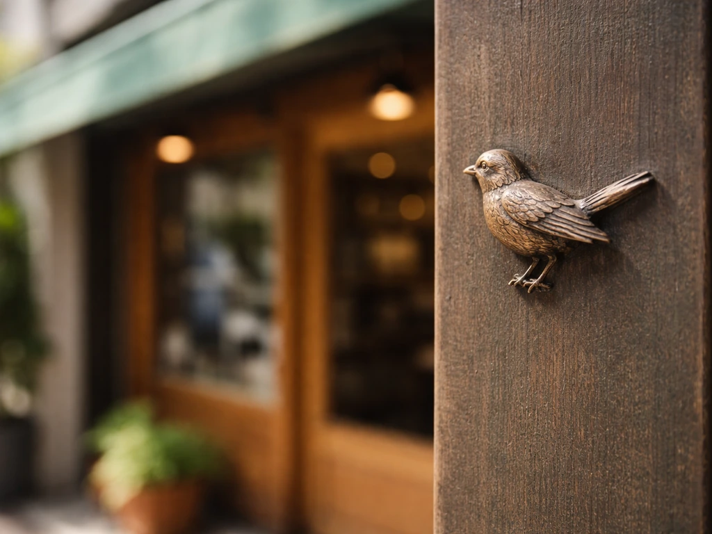 Close-up of a bronze bird emblem on a quiet storefront entrance, blurred background, no text.