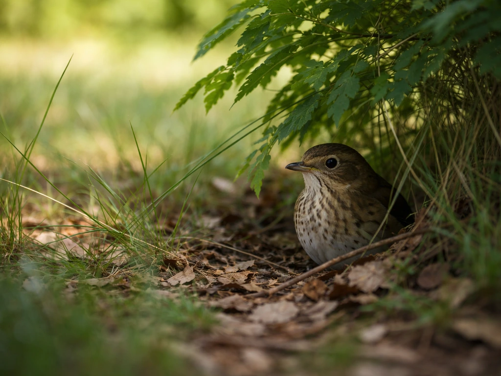 A small bird half-hidden among leaves and grass in a quiet woodland, softly lit by morning light.