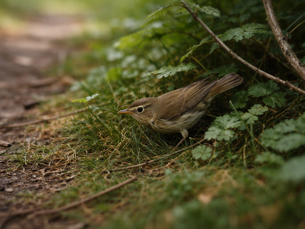 A small wild bird quickly slips into low green undergrowth, showing elusive shy behavior.