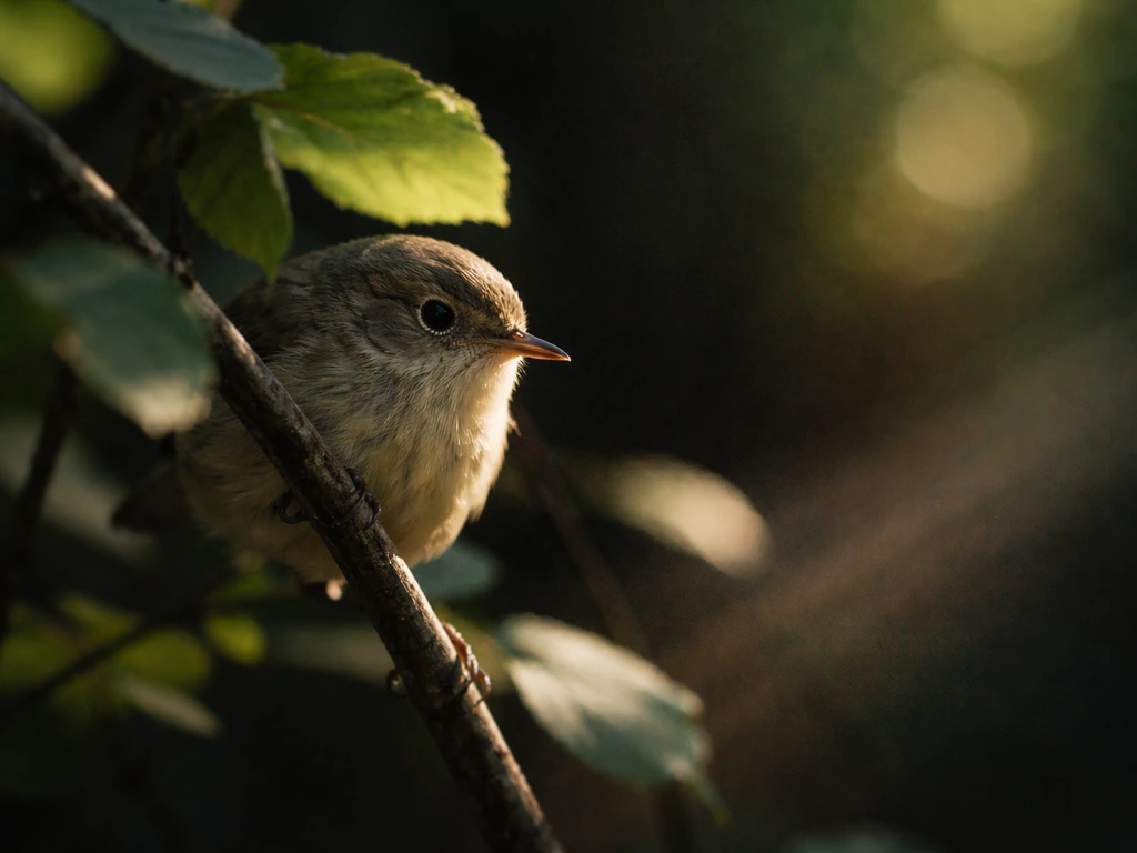 A small shy bird perched at the edge of light, partly hidden in soft natural shadows.