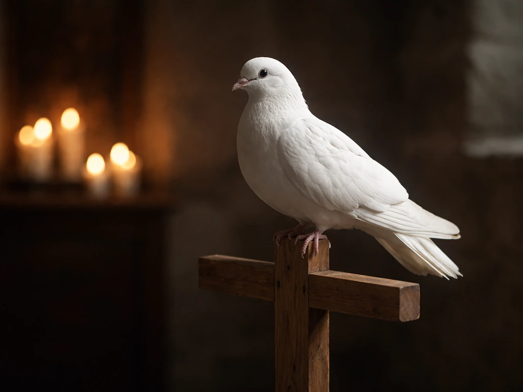 A white dove perched near soft candlelight, suggesting Christian spiritual symbolism and peace.