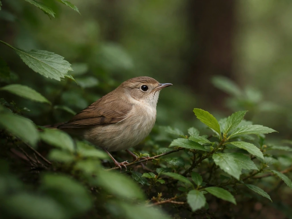Close-up of a small shy bird perched low in dense shrubbery, softly lit for clear silhouette and markings.