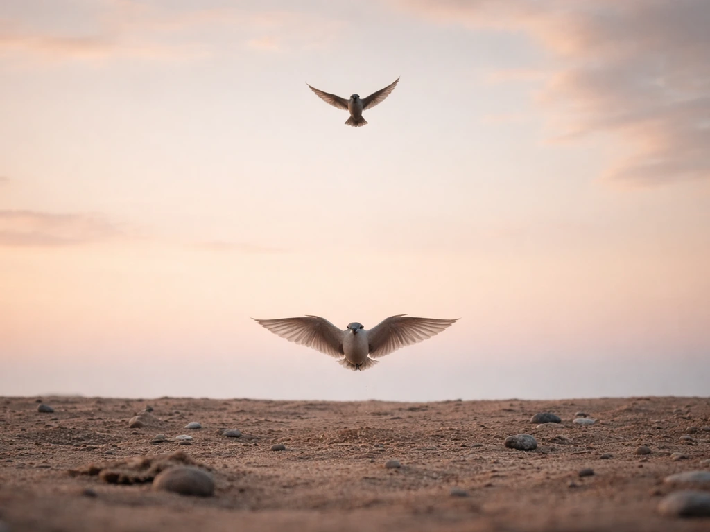 A flying bird above simple earth, with a legless bird hovering to suggest freedom over grounding.