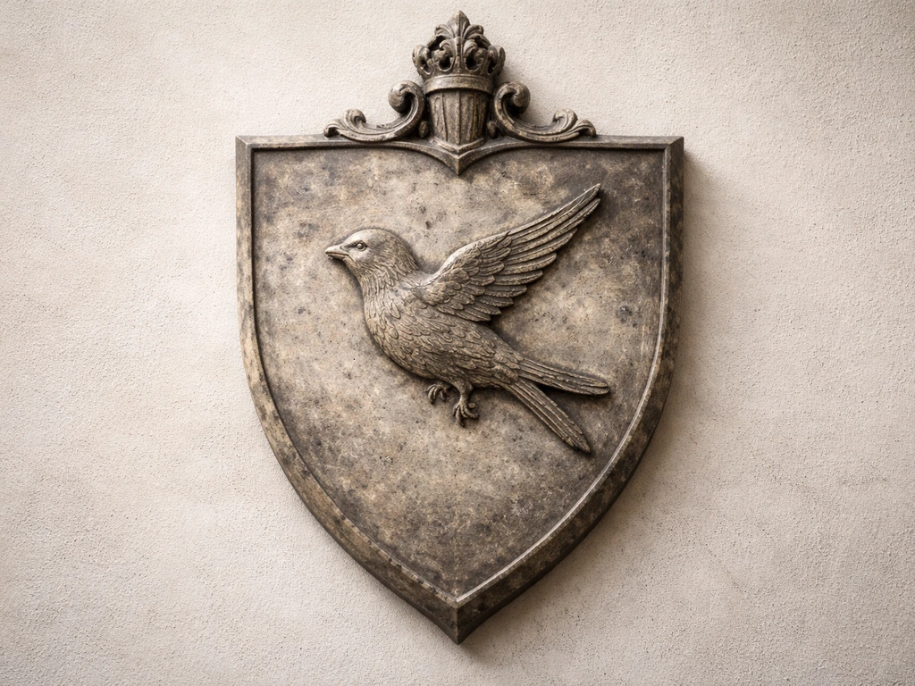 A winged martlet bird shown on a medieval-style crest with soft stone background