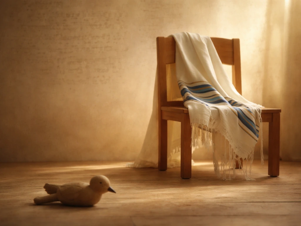 Empty chair with prayer shawl and a helpless, wingless bird motif on aged parchment background.