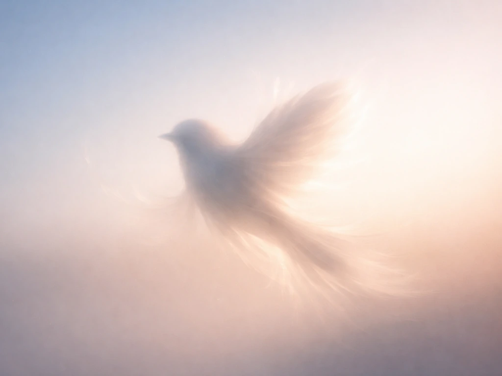 Soft-focus feather texture forming a delicate bird silhouette symbolizing vulnerability and fragile hope.