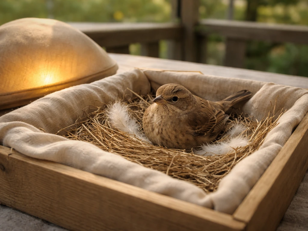 A small bird resting in a lined, nest-like box setup with warm, safe cushioning.