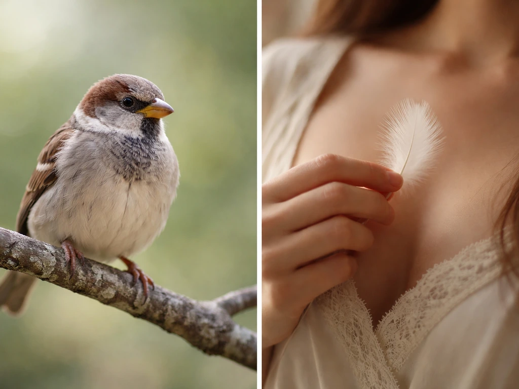 Left: small attractive bird on a branch. Right: hand holding a feather to suggest a figurative address.