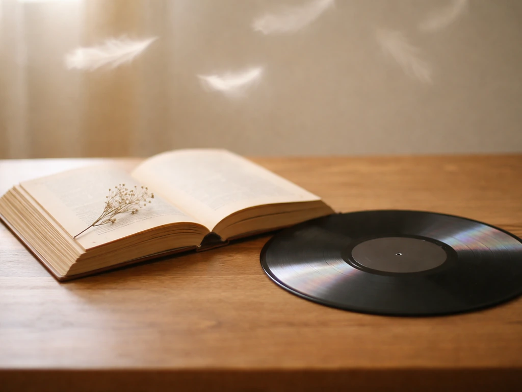Minimal collage of an open vintage book beside a modern music-inspired vinyl record on a quiet table