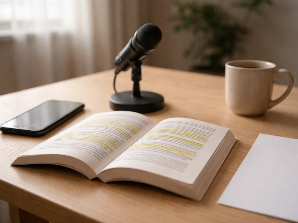Minimal home-office desk with open book, smartphone, and small microphone symbolizing interpreting meaning from context.