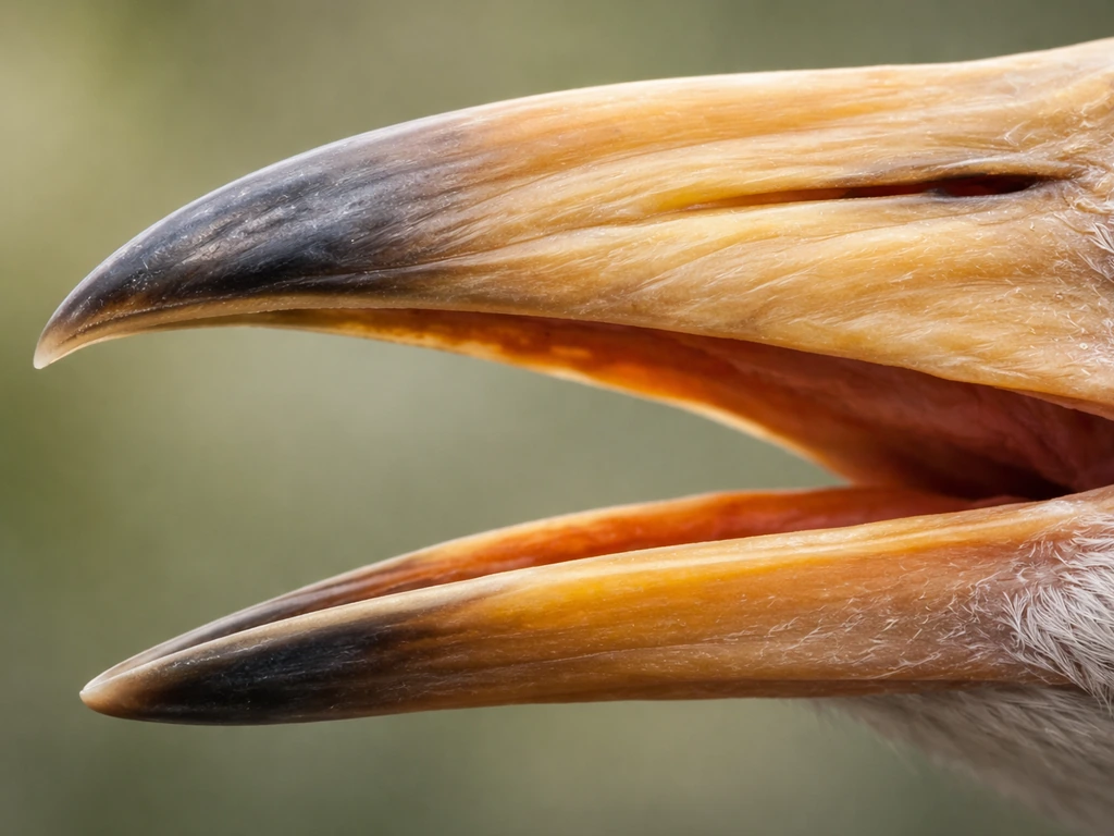 Close-up of a bird’s beak anatomy with clear view of upper and lower jaws and keratin covering