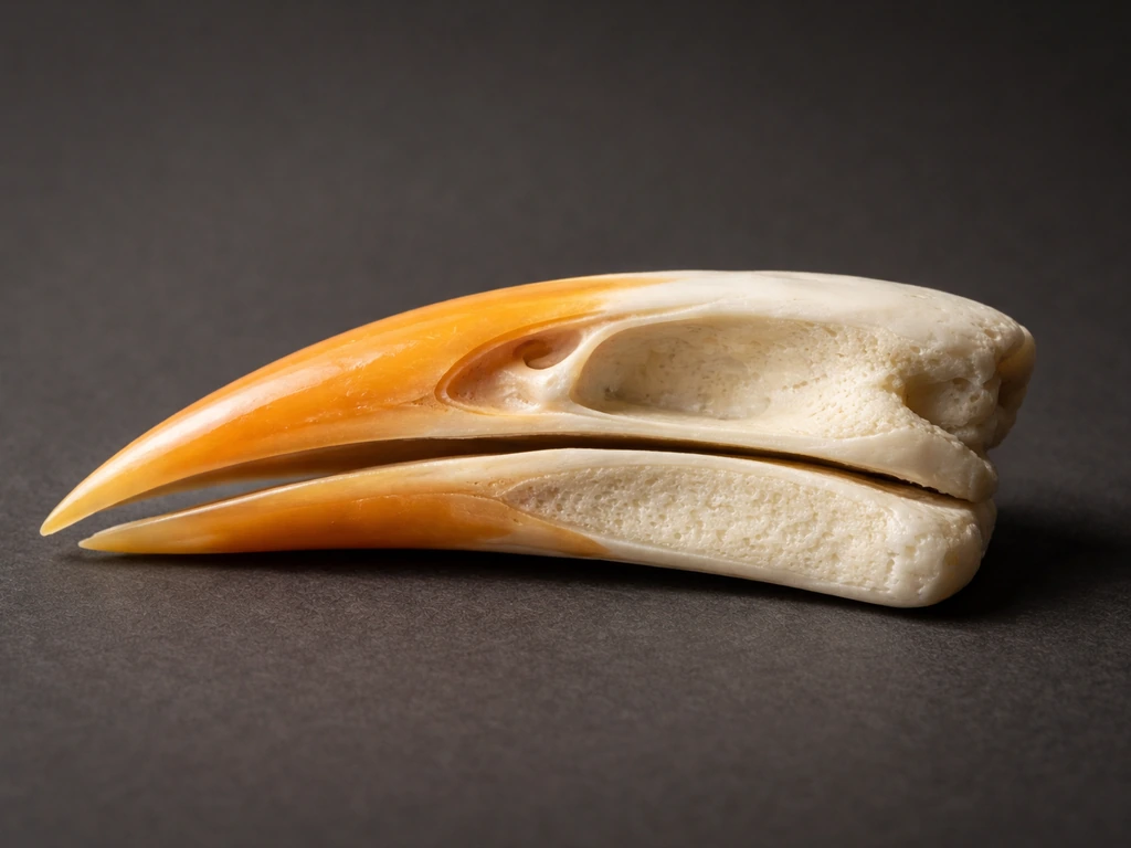 Macro view of a bird bill model showing upper and lower jaw bones with an outer keratin layer.