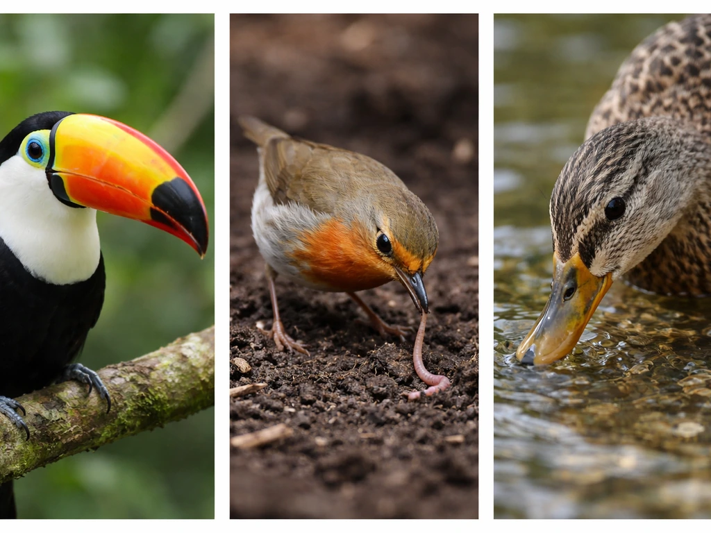 Three close-up nature scenes: toucan bill, robin pulling a worm, and a duck probing with its flat bill.
