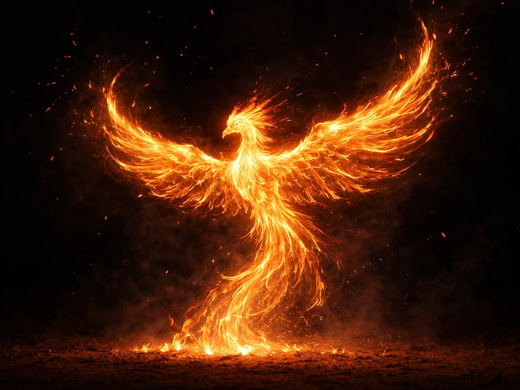 A single firebird/phoenix made of flames hovering in a dark, smoky night sky.