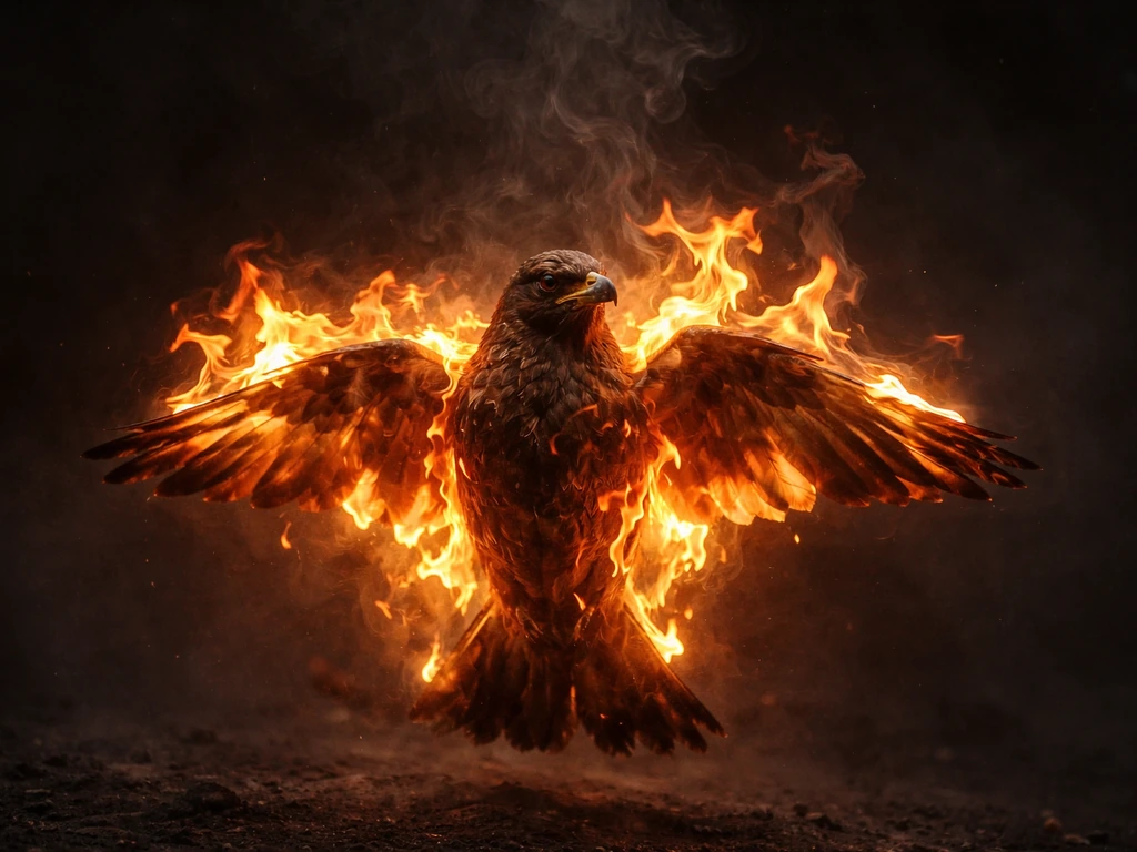 A realistic bird engulfed in flames with smoke drifting upward against a dark background.