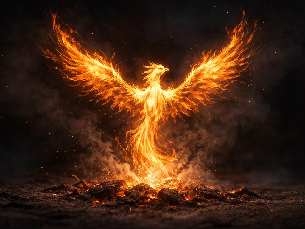 A phoenix-like firebird rising from glowing ashes in a dark, smoky atmosphere