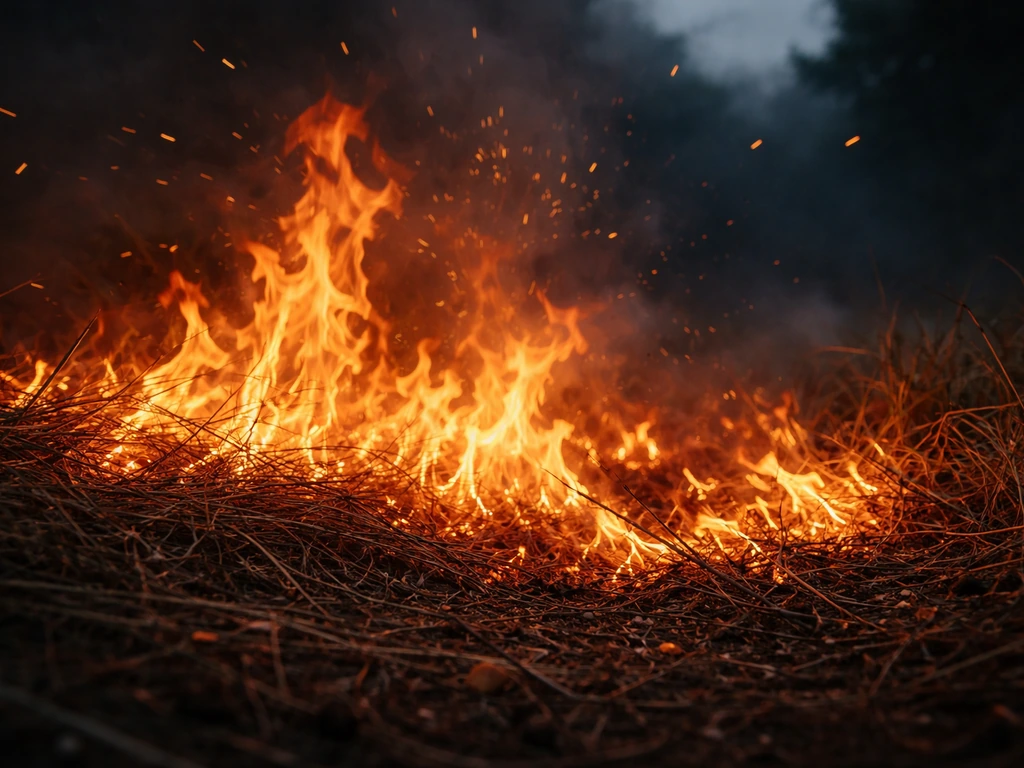 Open flame and embers curling upward as fire threatens nearby dry grass in a dark outdoor setting