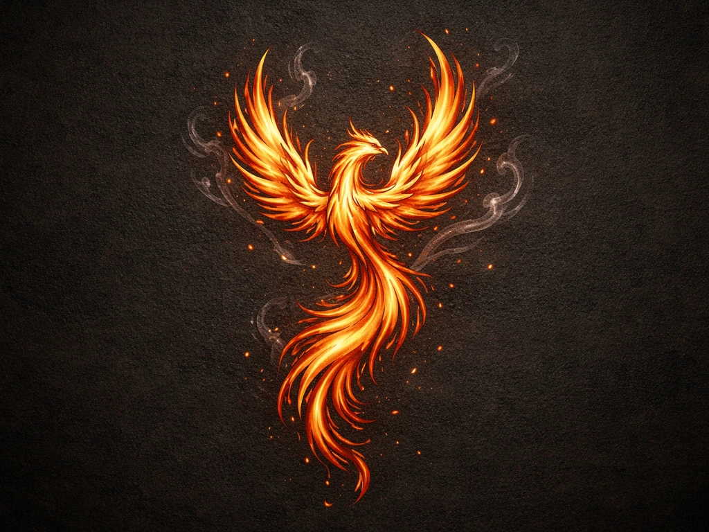 Centered flaming phoenix/firebird motif with upward flames and subtle embers on a dark textured background.
