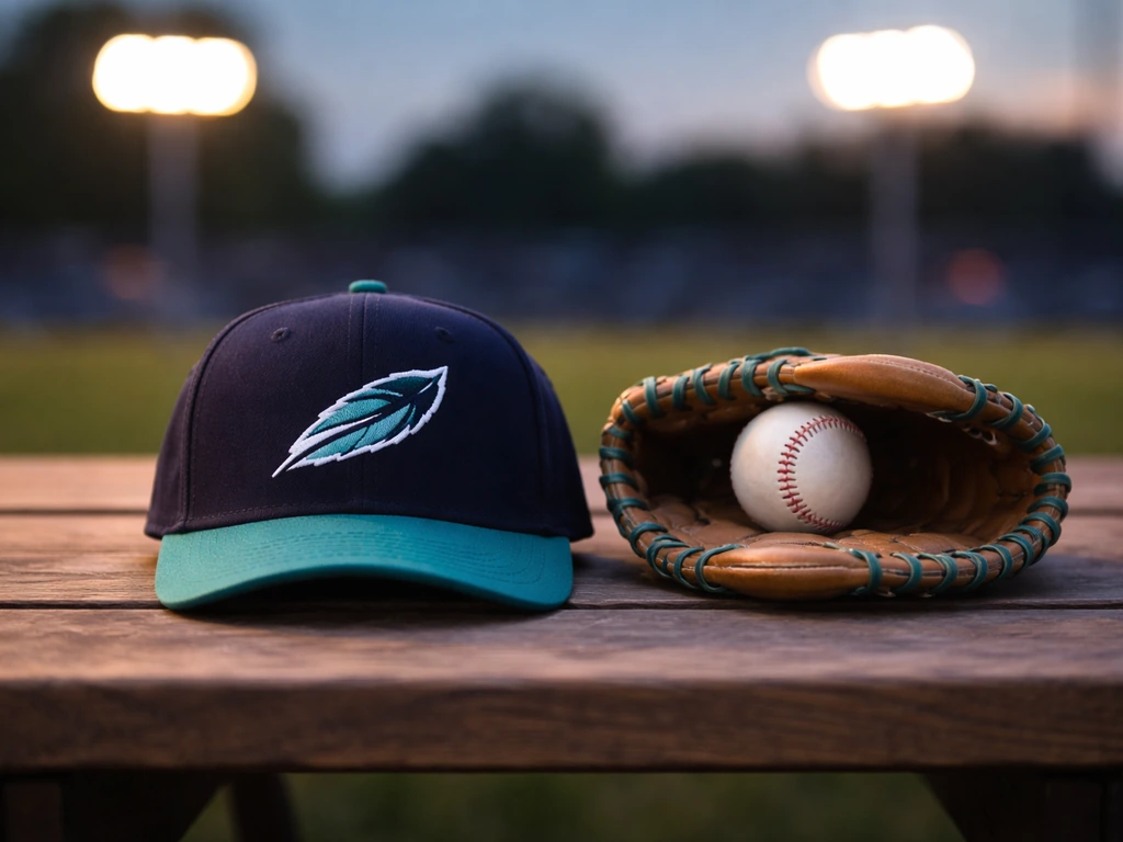Baseball cap with a generic bird patch and glove on a simple table, blurred stadium lights behind