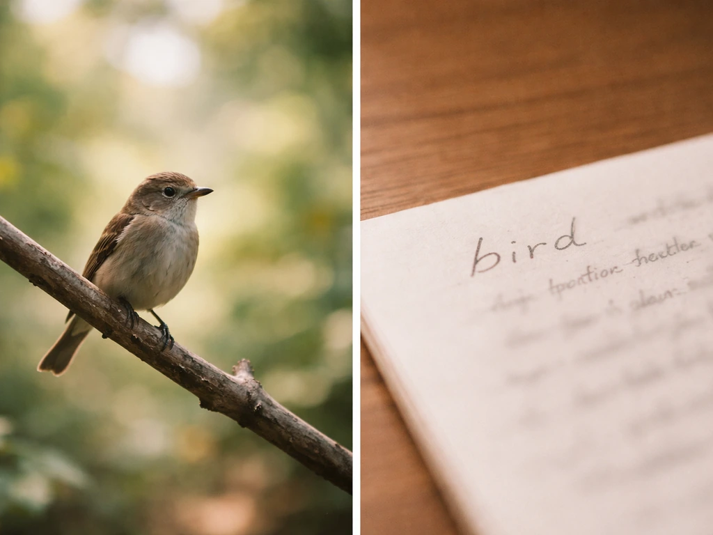 Split-screen showing a close-up bird in nature next to a blurred handwritten word “bird” on a page.