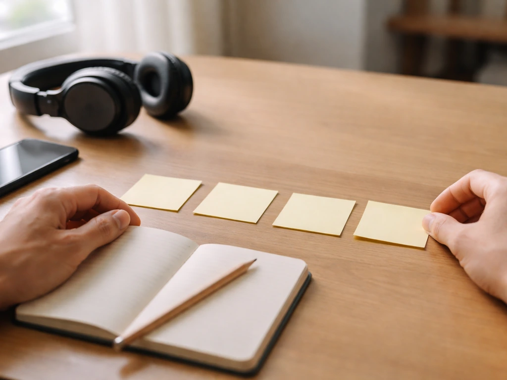 Anonymous hands arranging blank sticky notes and a pencil beside a phone on a simple desk