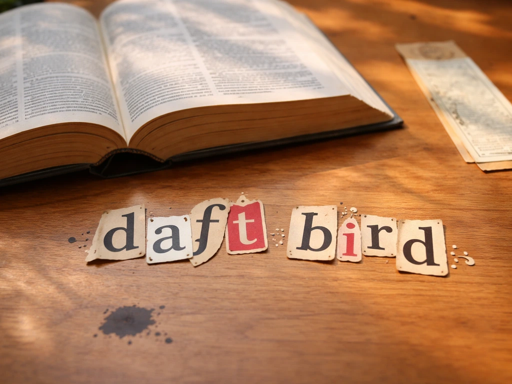 Open dictionary on a wooden desk with playful vintage-styled “daft bird” letters nearby in soft focus.