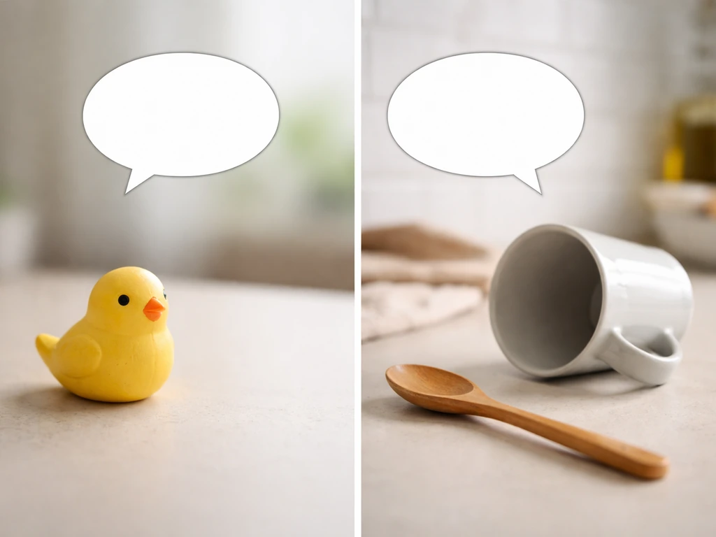 Minimal split scene with a blank speech-bubble concept near a bird figurine and a tilted mug.