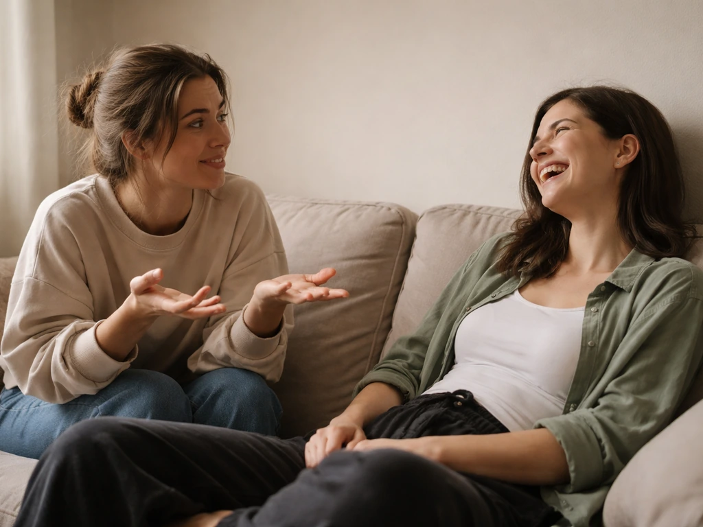 Two friends in a cozy living room, one playfully exasperated as they chat and laugh