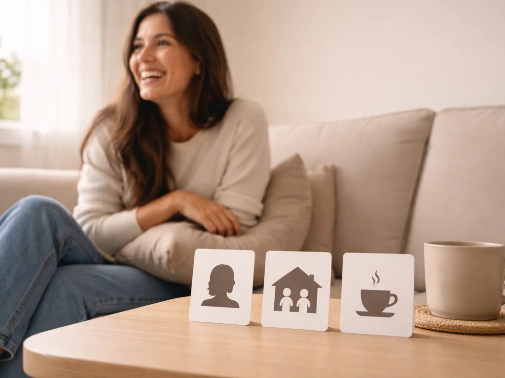 Two anonymous women laughing at home while a simple street scene tile suggests casual social context