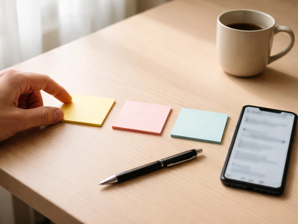 Minimal desk scene with blank sticky notes, pen, and an out-of-focus phone suggesting choosing a tactful reply.