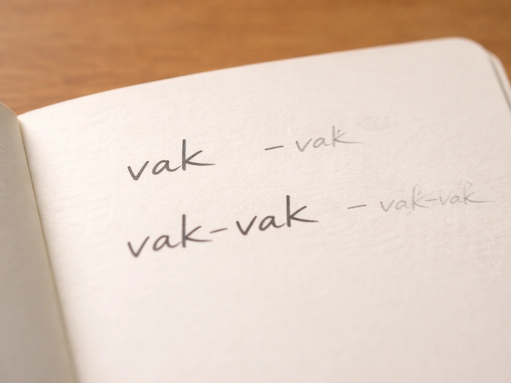Close-up of handwritten field notes showing “vak” and “vak-vak” as a bird-call sound on a notebook page.