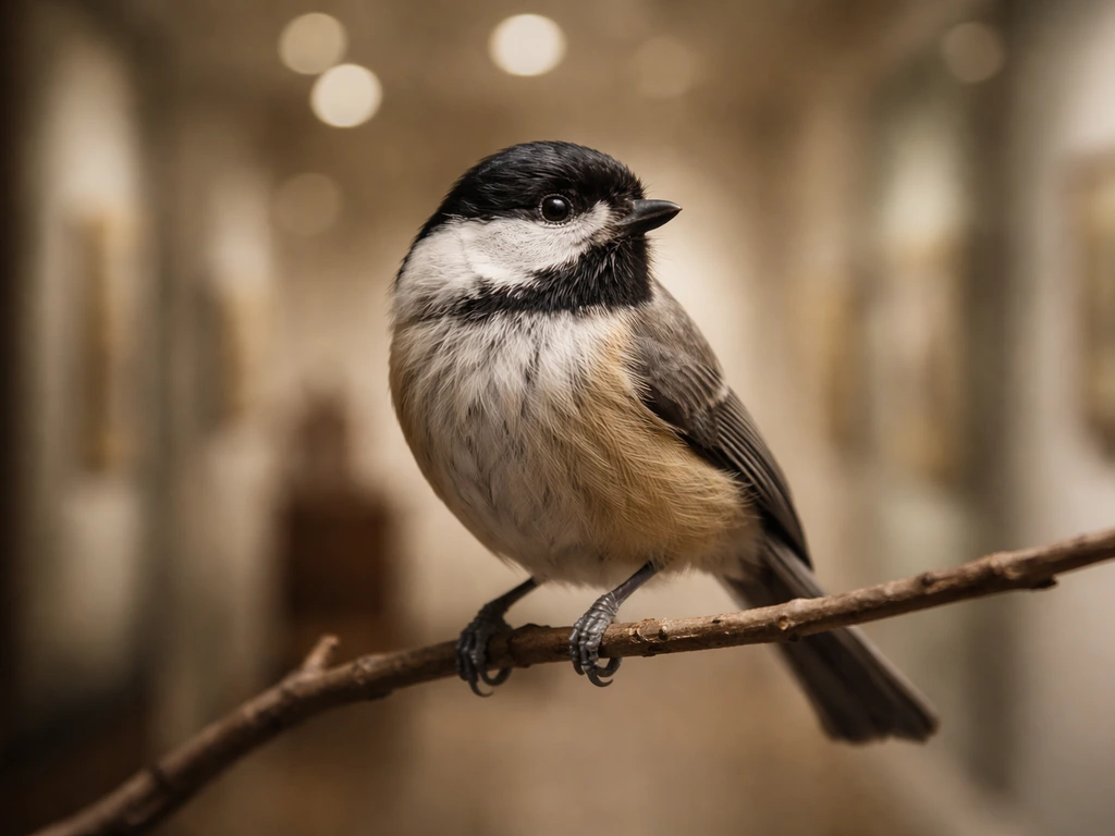 Close-up of a perched songbird with a softly blurred museum exhibition background bokeh.