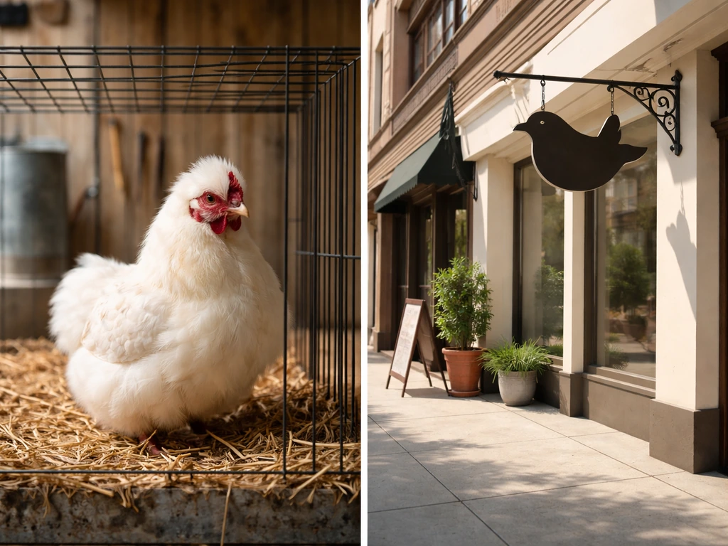 Split image: poultry show bird cage on the left, bird-shaped hanging sign silhouette on the right.